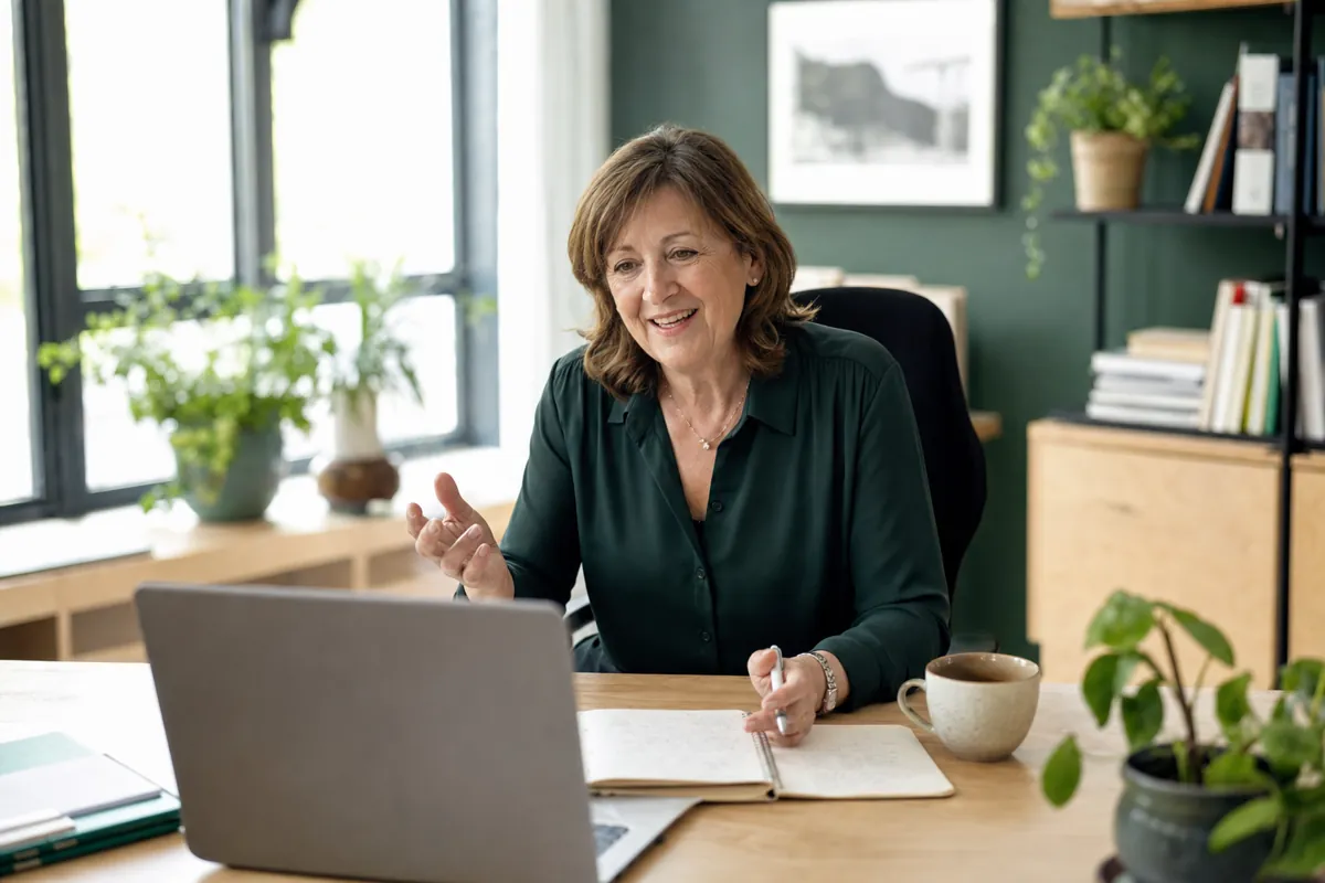 Une dirigeante fait le point en visio depuis son bureau