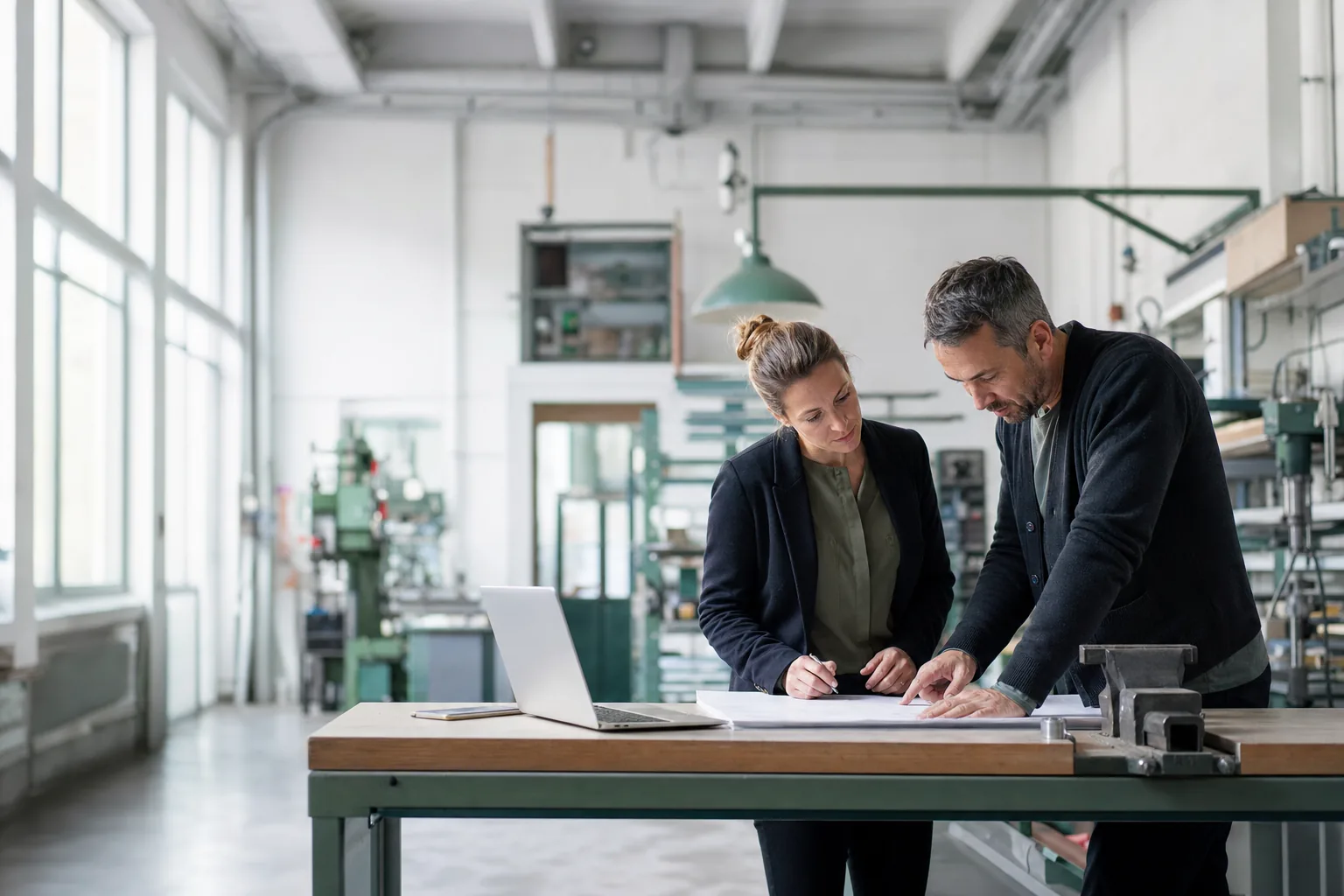 Deux responsables relisent un plan dans l'atelier d'une PME industrielle