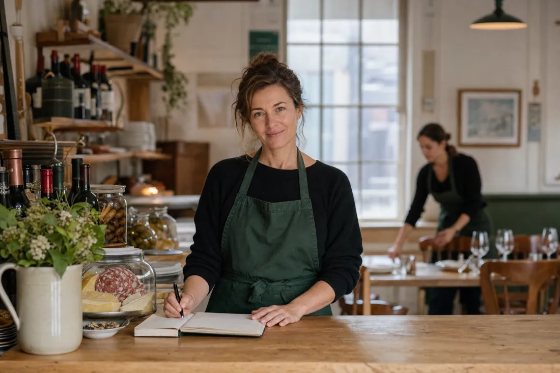 La gérante d'un restaurant note une réservation dans son carnet, derrière son comptoir