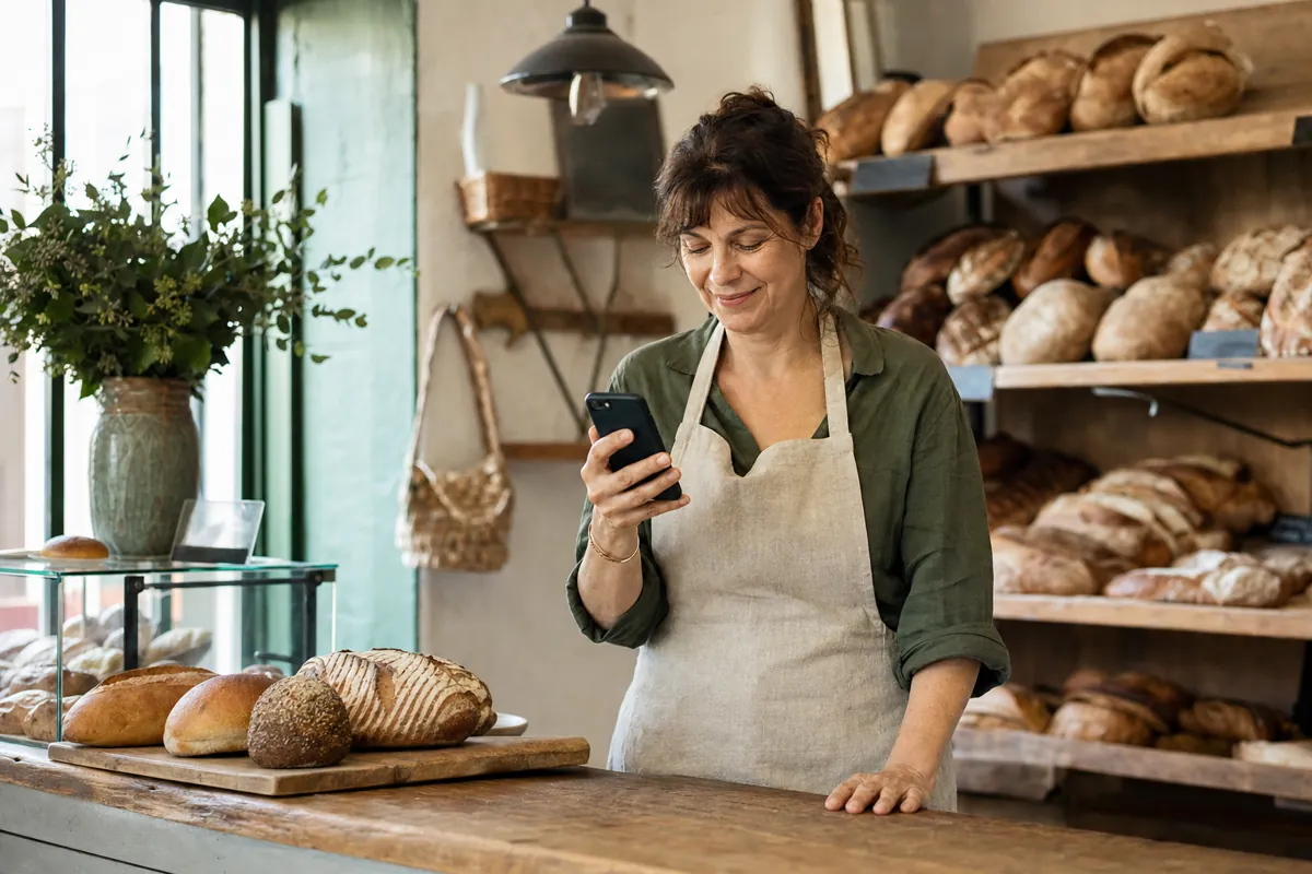 La gérante d'une boulangerie consulte son téléphone derrière son comptoir, souriante