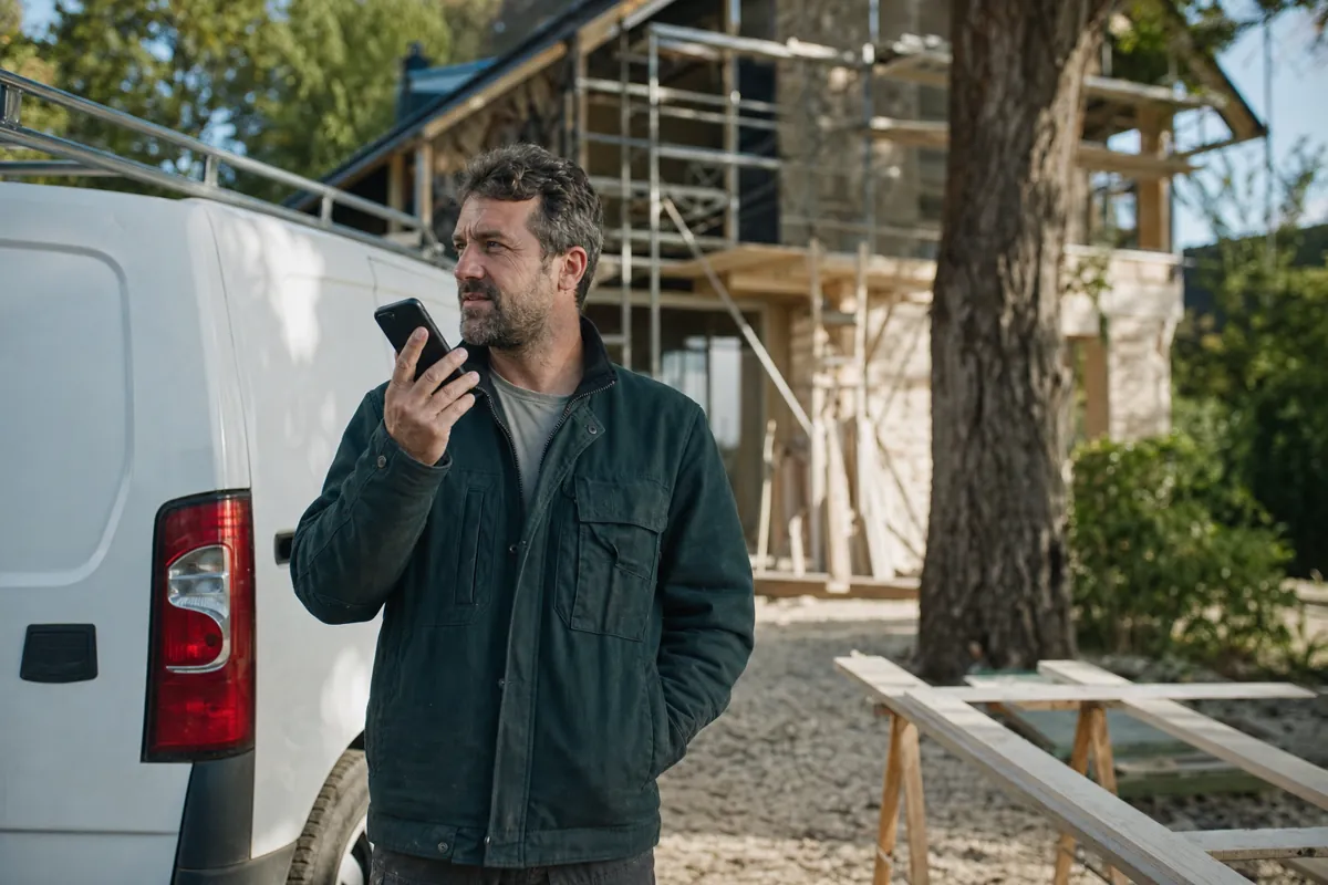Un artisan dicte une note dans son téléphone à côté de sa camionnette, devant une maison en rénovation