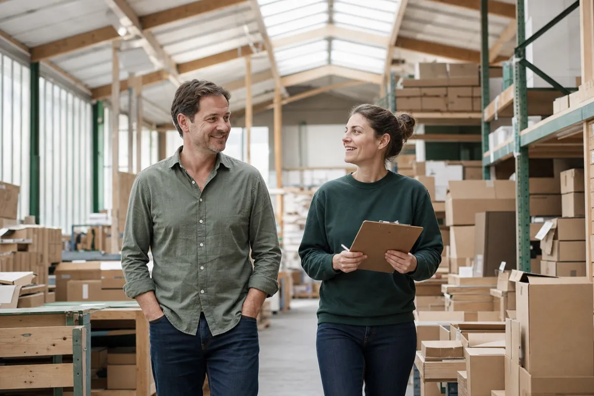 Le dirigeant d'une PME de distribution échange avec une salariée dans l'entrepôt