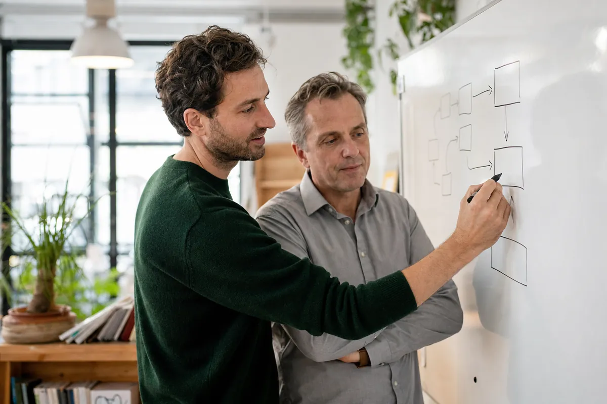 Le consultant dessine le schéma d'un processus au tableau avec un dirigeant