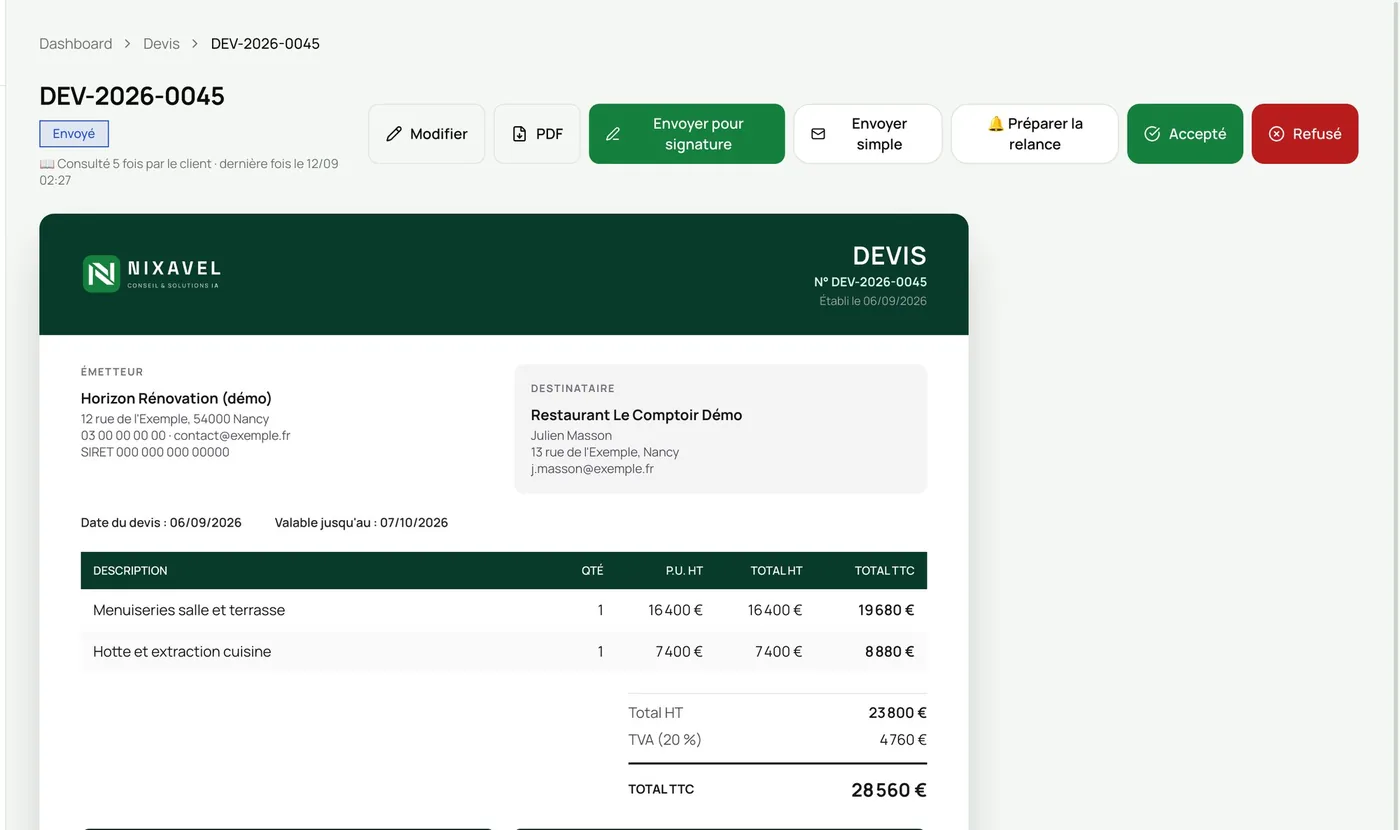 Le devis du restaurant, avec la mention « consulté 5 fois par le client »