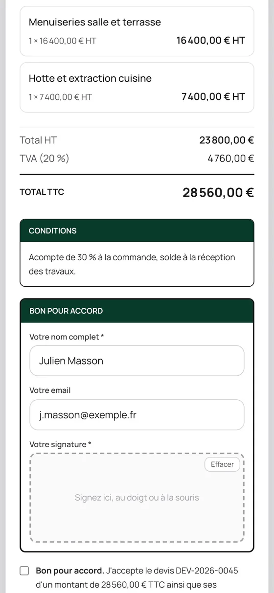 La page de signature du devis sur téléphone : nom, e-mail et zone pour signer au doigt