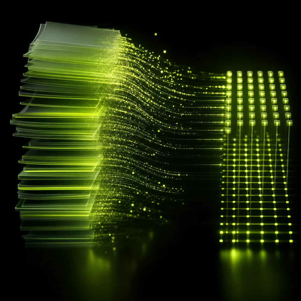 Visuel abstrait : des documents se transforment en flux structurés, évoquant l'automatisation documentaire