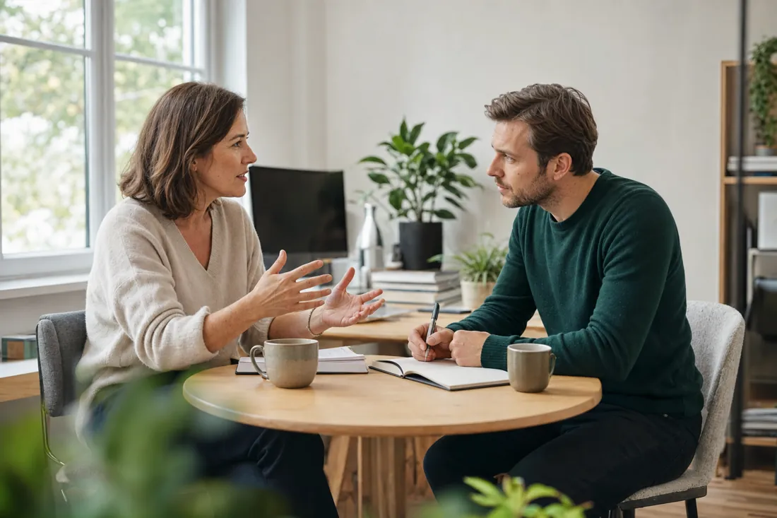 Un premier échange entre une dirigeante et un consultant, autour d'un café
