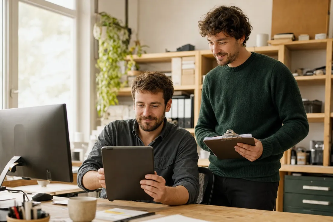 Un salarié essaie un nouvel outil sur tablette, un consultant note ses retours