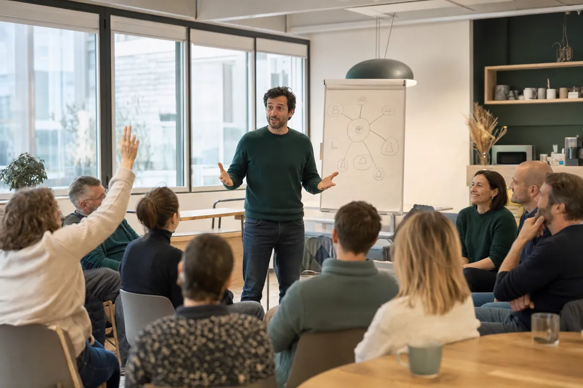 Une conférence de sensibilisation à l'IA devant l'équipe d'une PME