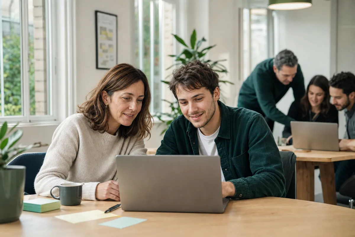 Une salariée accompagne un nouvel arrivant devant un ordinateur portable