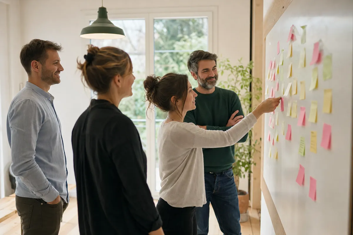 Une équipe fait le point devant un tableau couvert de notes de couleur