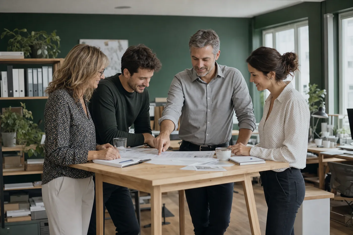 Quatre collègues d'une PME font le point debout autour d'une table, dans leurs bureaux