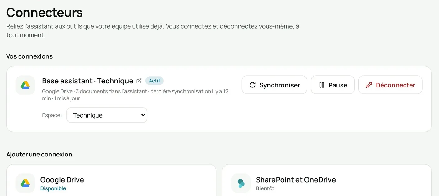 La page Connecteurs : un dossier Google Drive relié et synchronisé