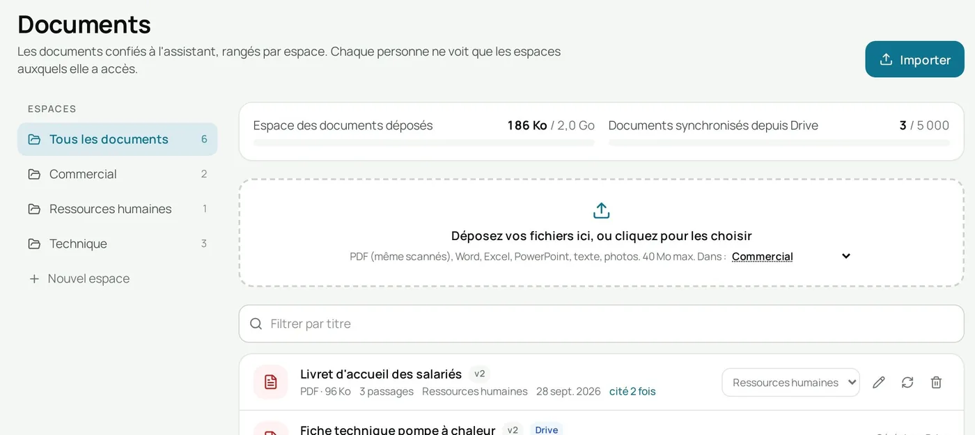 La page Documents : les espaces à gauche, la zone de dépôt et la liste des documents