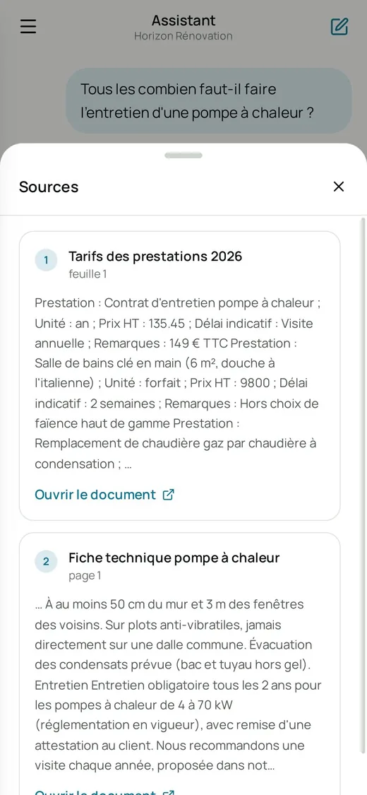 Le panneau des sources sur téléphone : le document, la page et l'extrait utilisé