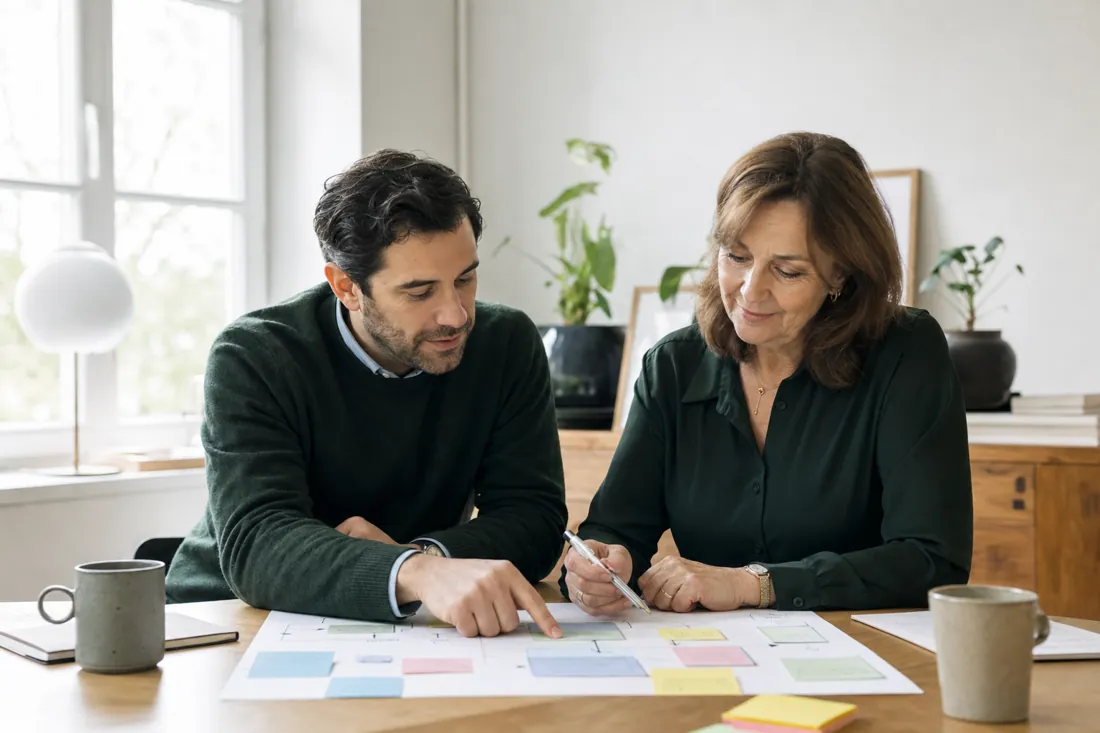 Un consultant et une dirigeante cartographient les tâches de l'entreprise avec des notes de couleur
