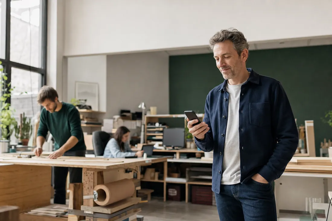 Un dirigeant consulte son téléphone, détendu, pendant que son équipe travaille à l'atelier