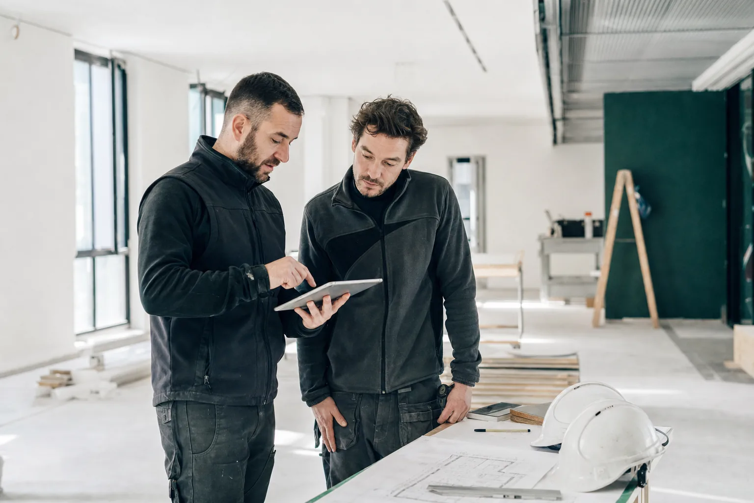 Deux artisans consultent une tablette sur un chantier