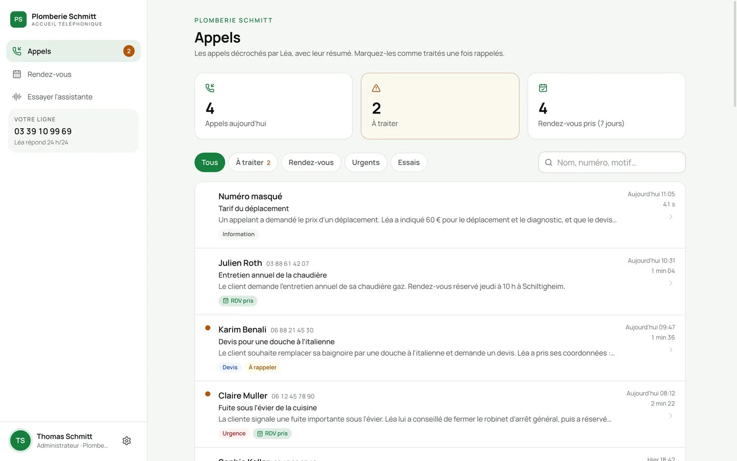 Le journal des appels décrochés par l'assistante, avec leur résumé