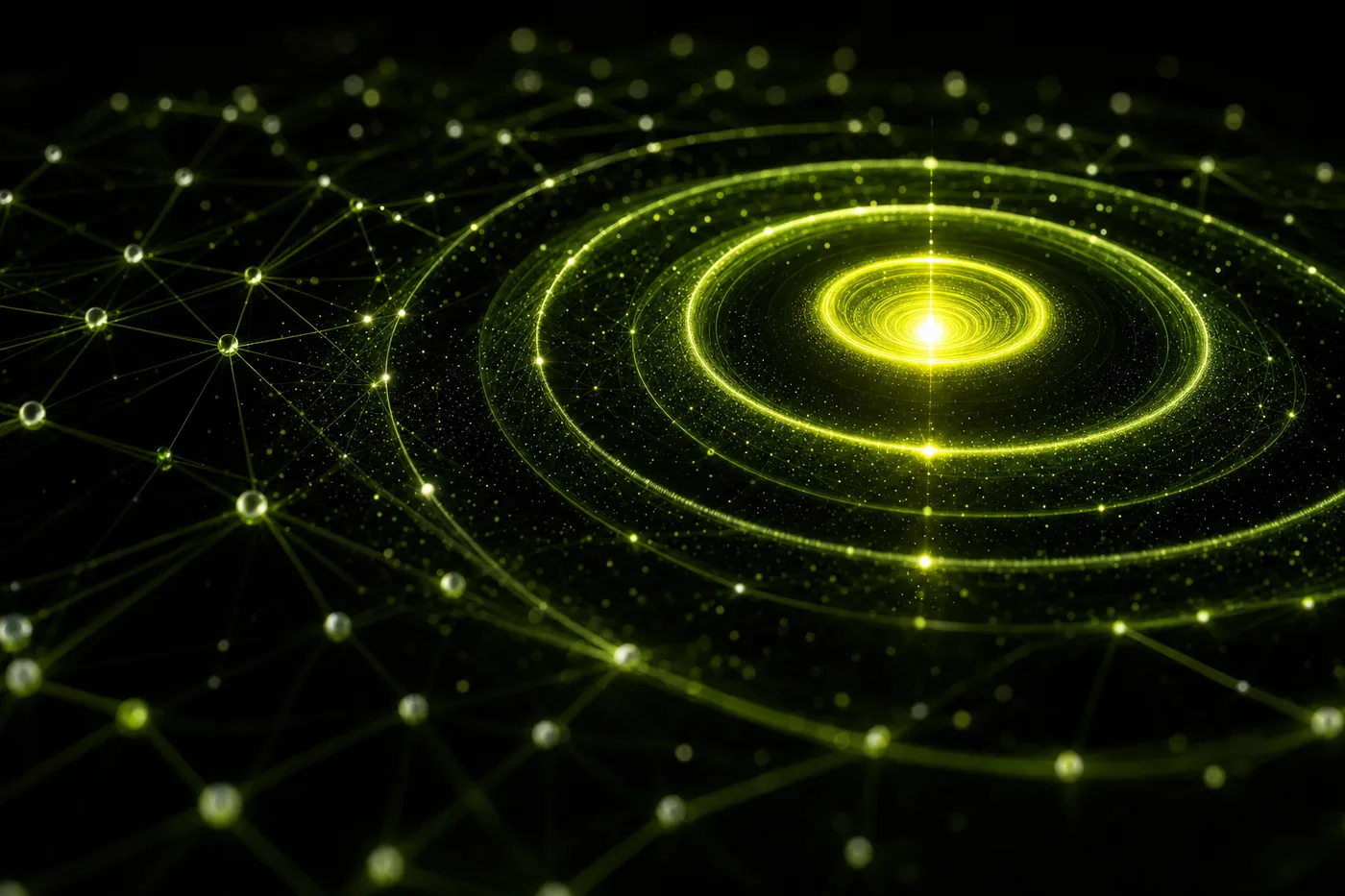 Visuel abstrait : ondes sonores lumineuses émanant d'un nœud, évoquant un agent vocal