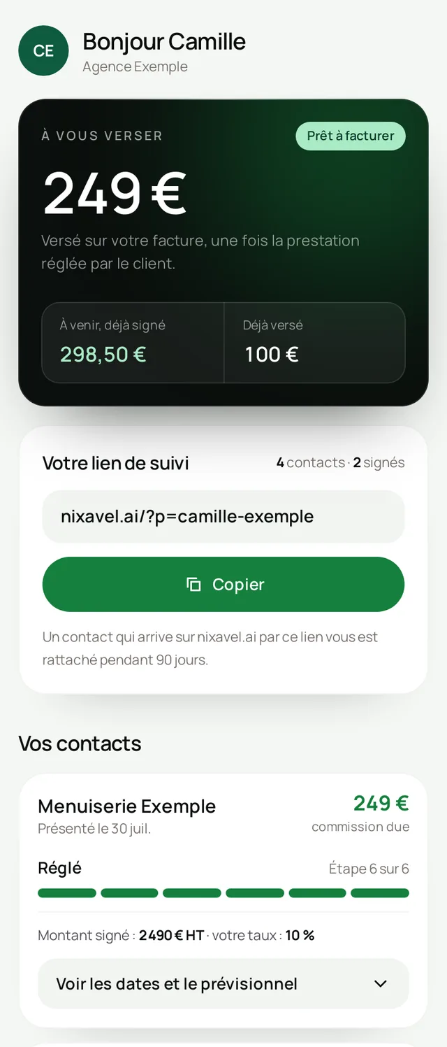 Le tableau de bord partenaire sur téléphone : commission à verser, lien de suivi et premier contact